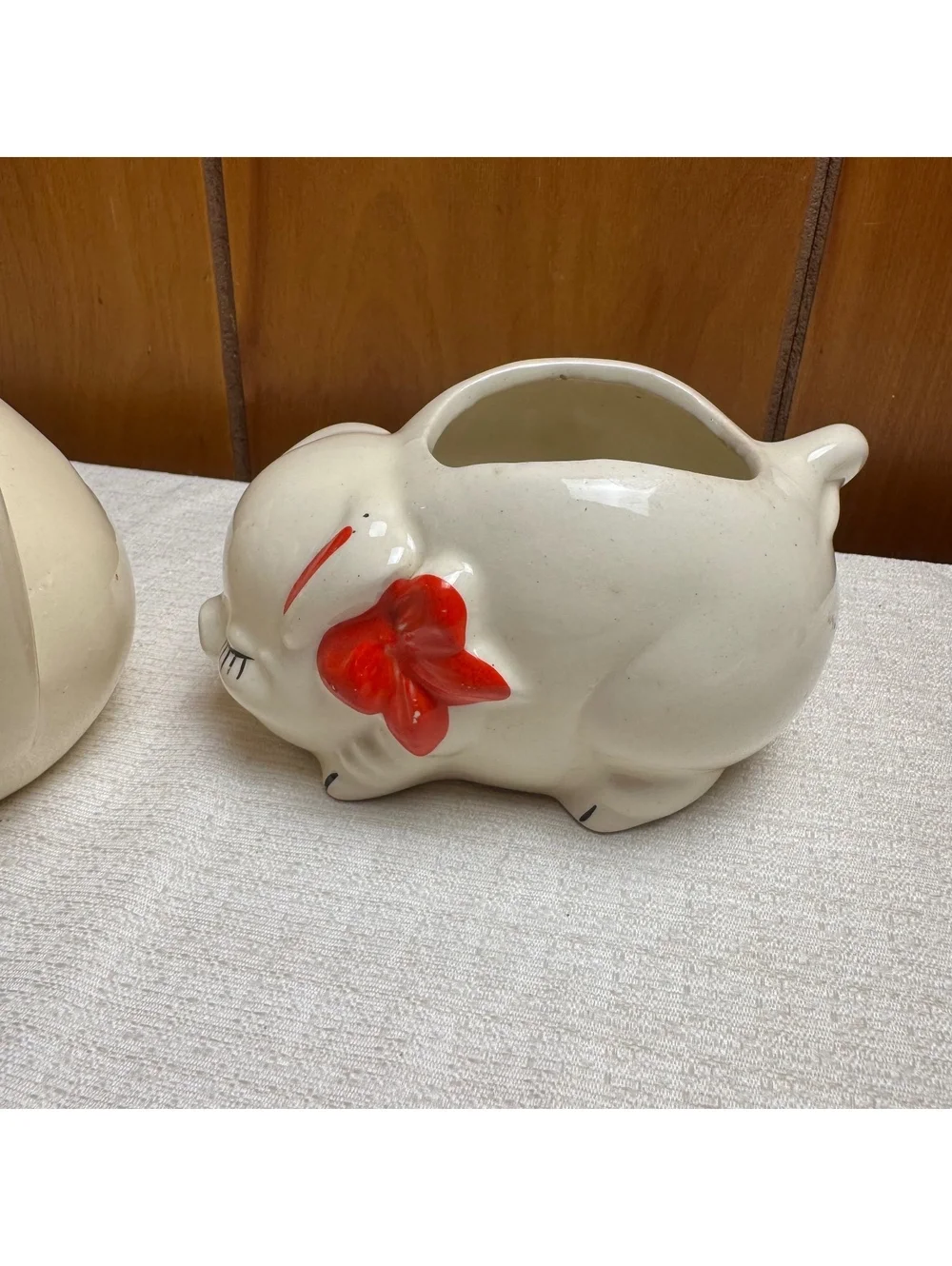 Vintage Ceramic Pig Creamer & Sugar Bowl Set Red Bow Retro Farmhouse Kitchen